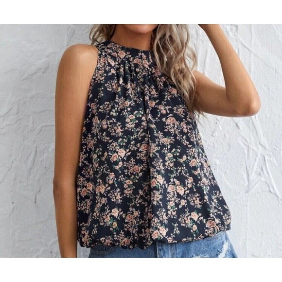 Sleeveless Floral Print Keyhole Back Halter Neck Blouse Large - Picture 2 of 4
